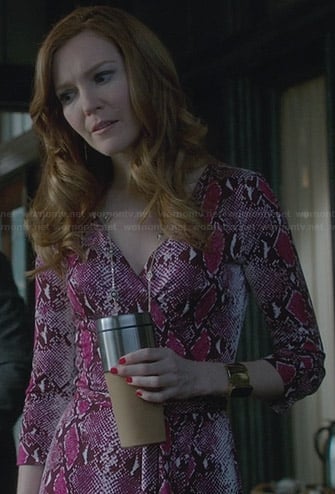 Abby’s pink snake print wrap dress on Scandal