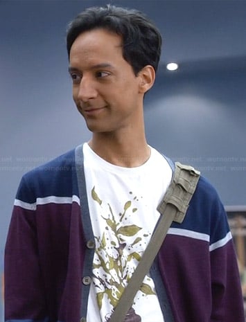 Abed’s plant graphic tee and colorblocked cardigan on Community