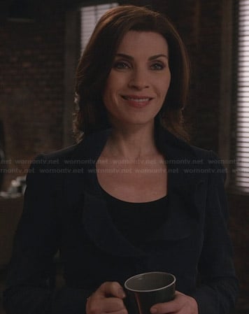 Alicia’s navy jacket with ruffled collar on The Good Wife