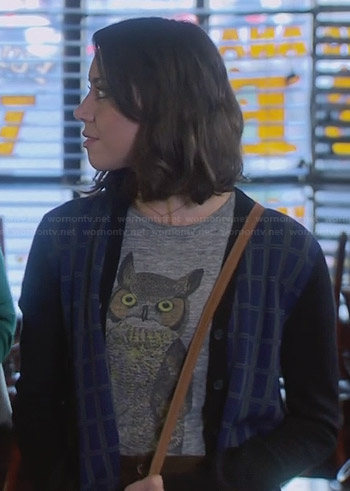 April’s owl top and checked cardigan on Parks and Recreation