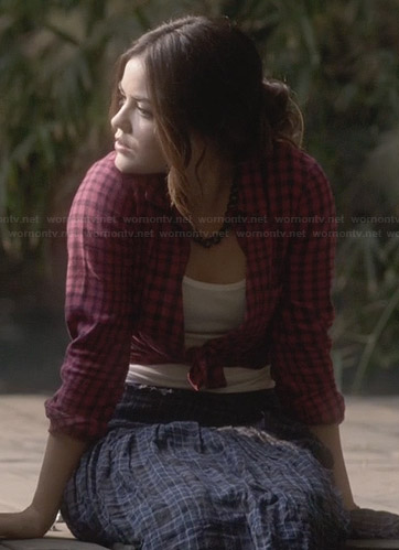 Aria’s red checked tie-front shirt and blue wrap midi skirt on Pretty Little Liars