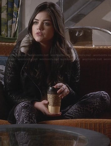 Aria’s quilted leather jacket with fleece collar on Pretty Little Liars