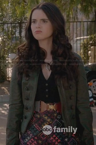 Bay's multi-color patterned skirt and green leather military-style jacket on Switched at Birth