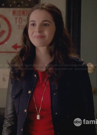 Bay’s black tweed jacket with leather sleeves on Switched at Birth