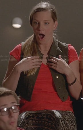 Brittany's black and white printed maxi skirt and green cropped vest on Glee