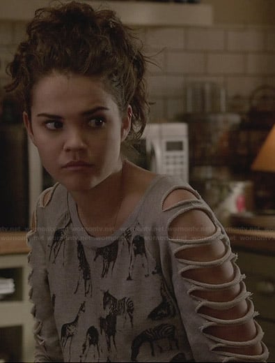 Callie’s grey animal print sweatshirt with slashed sleeves on The Fosters