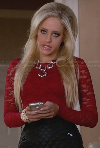 Dalia’s red lace crop top and quilted leather skirt on Suburgatory