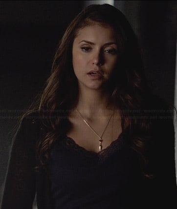Elena's navy lace trim cami and red and gold necklace on The Vampire Diaries