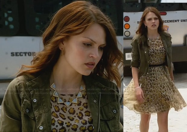 Emery’s leopard print dress, green jacket and chevron necklace on Star-Crossed
