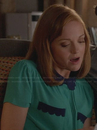 Emma’s green top with navy blue scalloped collar and pocket detail on Glee