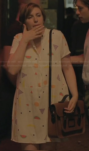 Hannah's fruit print dress and brown two-tone satchel on Girls