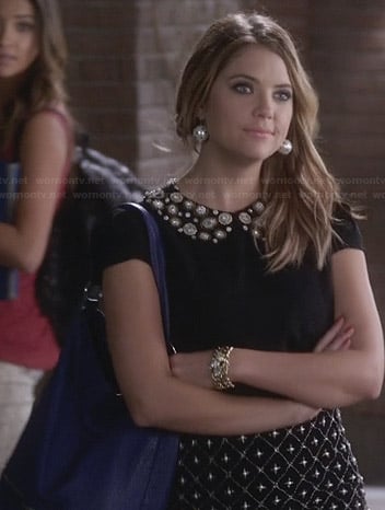 Hanna's black embellished collar top and beaded skirt on Pretty Little Liars