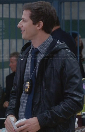 Jake's grey checked shirt and black bomber jacket on Brooklyn Nine-Nine