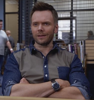 Jeff’s denim and khaki colorblock shirt on Community