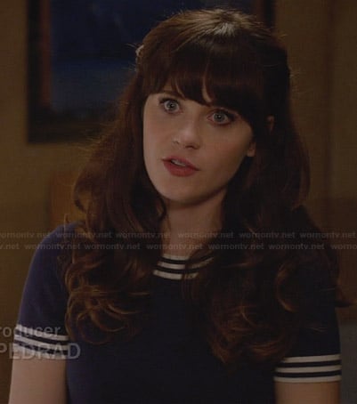 Jess's blue top with striped trim on New Girl