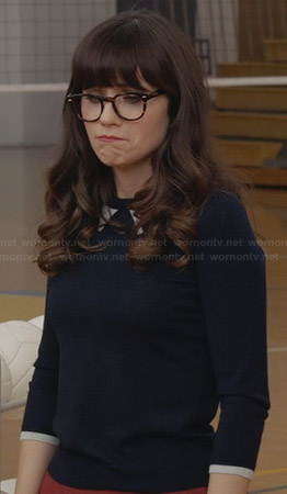 Jess’s navy blue sweater with faux collar on New Girl