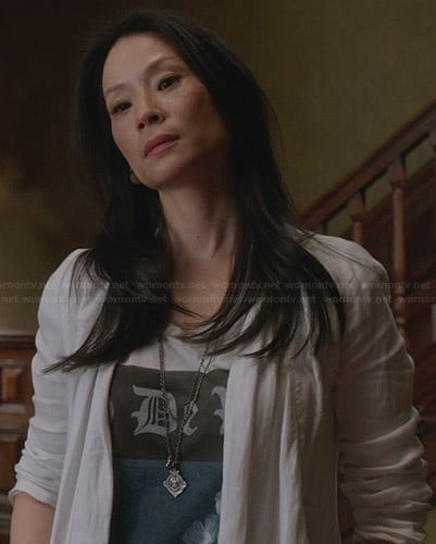 WornOnTV: Joan’s white and blue graphic tee on Elementary | Lucy Liu ...