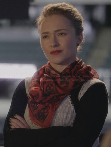 Juliette's grey and black colorblock sweater and red skull print scarf on Nashville