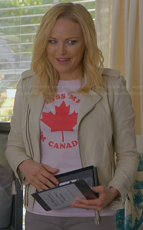 Kate’s “Kiss Me I’m Canadian” tee and cream leather jacket on Trophy Wife