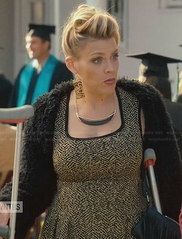 Laurie’s yellow and black printed dress and fur bolero on Cougar Town