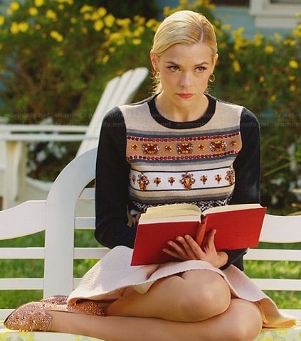 Lemon's embellished sweater with navy sleeves and studded loafers on Hart of Dixie