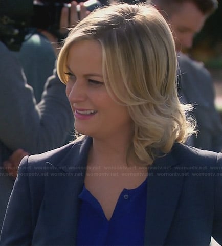 Leslie's blue split neck blouse on Parks and Recreation