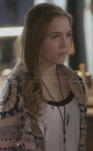 Maddie’s crochet jacket and lightning bolt print top on Nashville