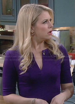 Mel's purple split-neck dress on Melissa and Joey