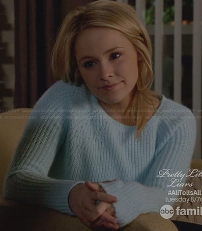Nikki's sky blue sweater on Switched at Birth