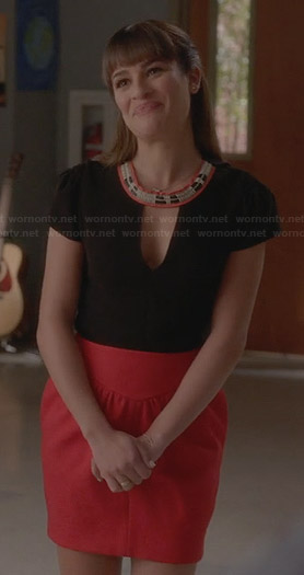 Rachel's black embroidered keyhole top and red skirt on Glee