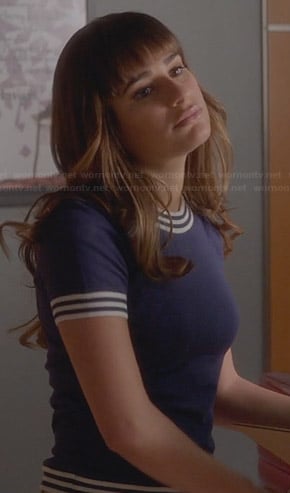Rachel's blue top with striped trim on Glee