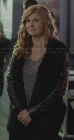 Rayna’s black fur jacket with leather sleeves on Nashville