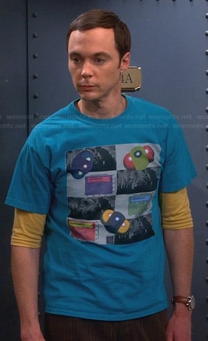 Sheldon's blue graphic tee on The Big Bang Theory