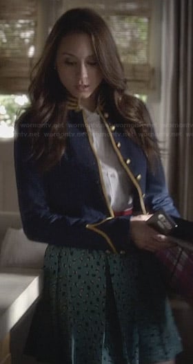 Spencer’s blue and yellow military style jacket and green printed skirt on Pretty Little Liars