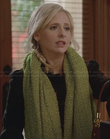 Sydney’s green scarf and silver earrings on The Crazy Ones