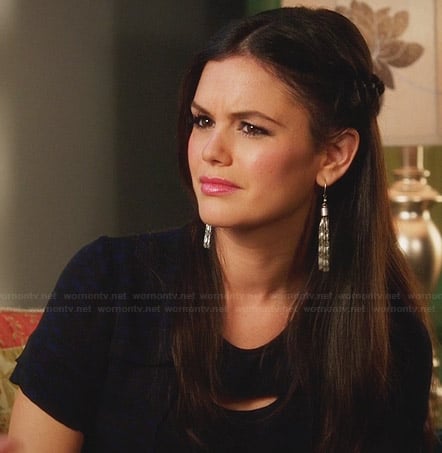 Zoe’s blue and black printed cutout top on silver drop earrings on Hart Of Dixie