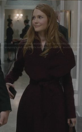 Abby’s burgundy shawl collar coat on Scandal