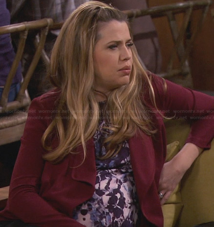 Andi's blue and white floral top and burgundy blazer on Friends with Better Lives