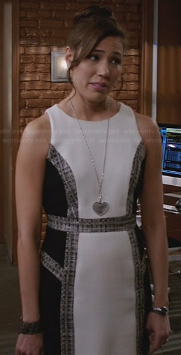 Angela's white dress with black side panels and tweed trim on Bones