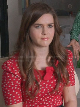 Betsey's red printed top with bow on The Mindy Project