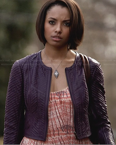 Bonnie's orange printed top and purple leather jacket on The Vampire Diaries