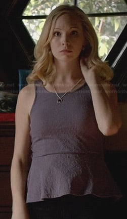 Caroline’s purple crochet-back peplum top on The Vampire Diaries