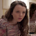 Dorrit’s pink/purple marle knit sweater and horse print skirt on The Carrie Diaries