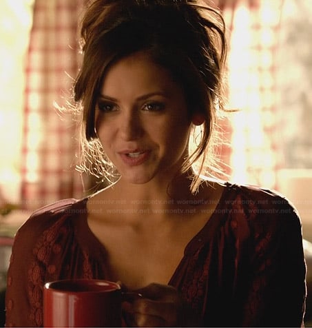Elena's burgundy embroidered top on The Vampire Diaries