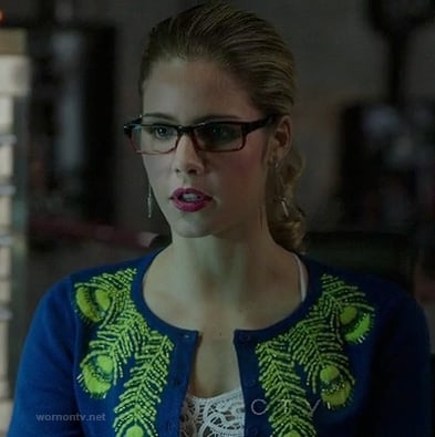 Felicity's blue cardigan with peacock feathers on Arrow