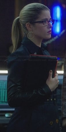 Felicity's navy trench coat with leather sleeves on Arrow