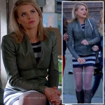 Jane’s striped dress and grey leather jacket and boots on Happy Endings