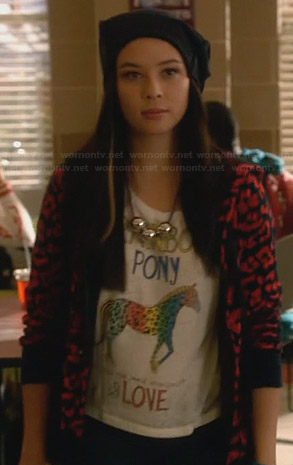 Julia’s “Rainbow Pony” tee and red leopard print hoodie on Star-Crossed