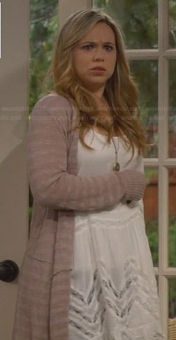 Kristin's white lace inset dress and long striped cardigan on Last Man Standing