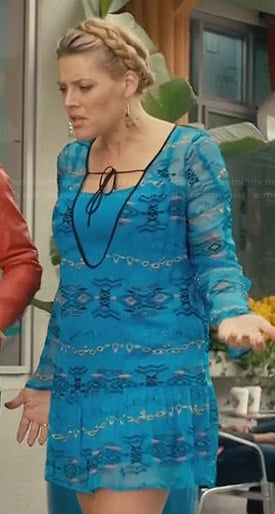 Laurie’s blue embroidered tie-neck dress on Cougar Town